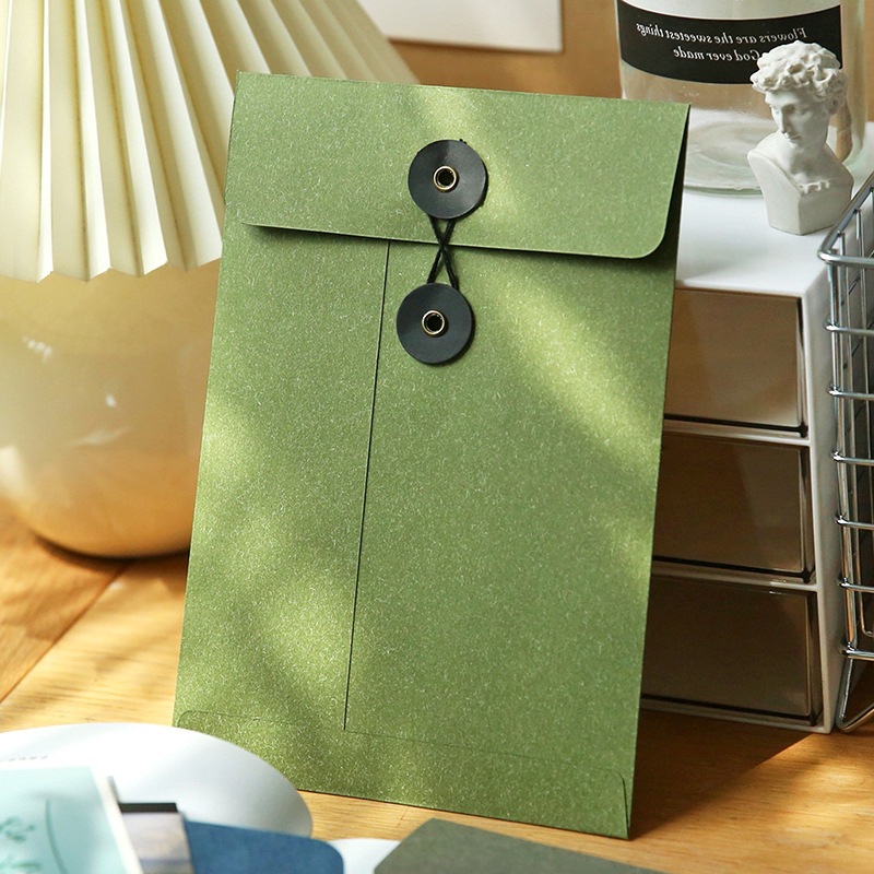 复古绑带信封袋牛皮纸绕线档案袋绿色明信片大号硬收纳袋装照片