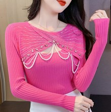 韩国泫雅风珍珠链条镂空枚红色毛衣少女重工带钻甜辣风性感针织衫