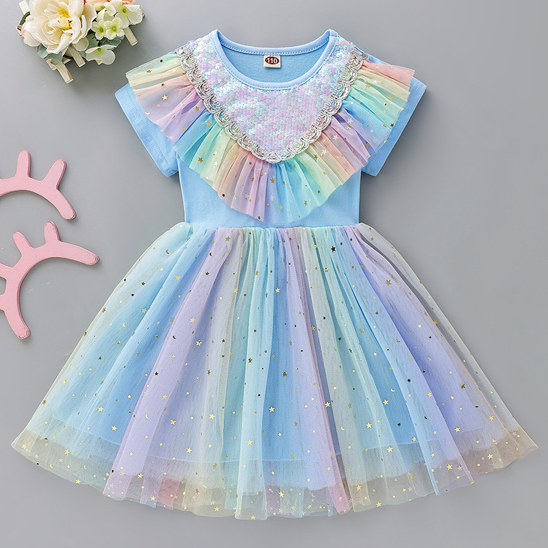 Spring Princess Elsa Dress Girls Autumn Rainbow Long Sleeve Dress Wings Tulle Tutu Unicorn