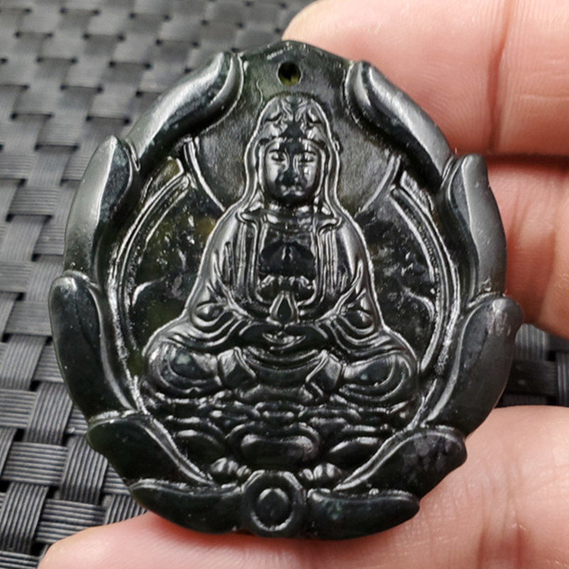 玉石挂件新疆和田墨玉观音挂件墨绿蛇纹石玉观音吊坠莲花观音牌子