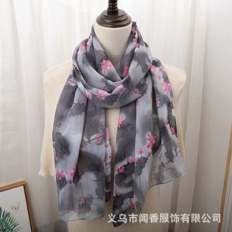 2023 Autumn and Winter Printing Chiffon Scarf Female Lotus Flower Scarf Mother Neck Protection Decoration Gauze Kerchief Sunscreen Scarf
