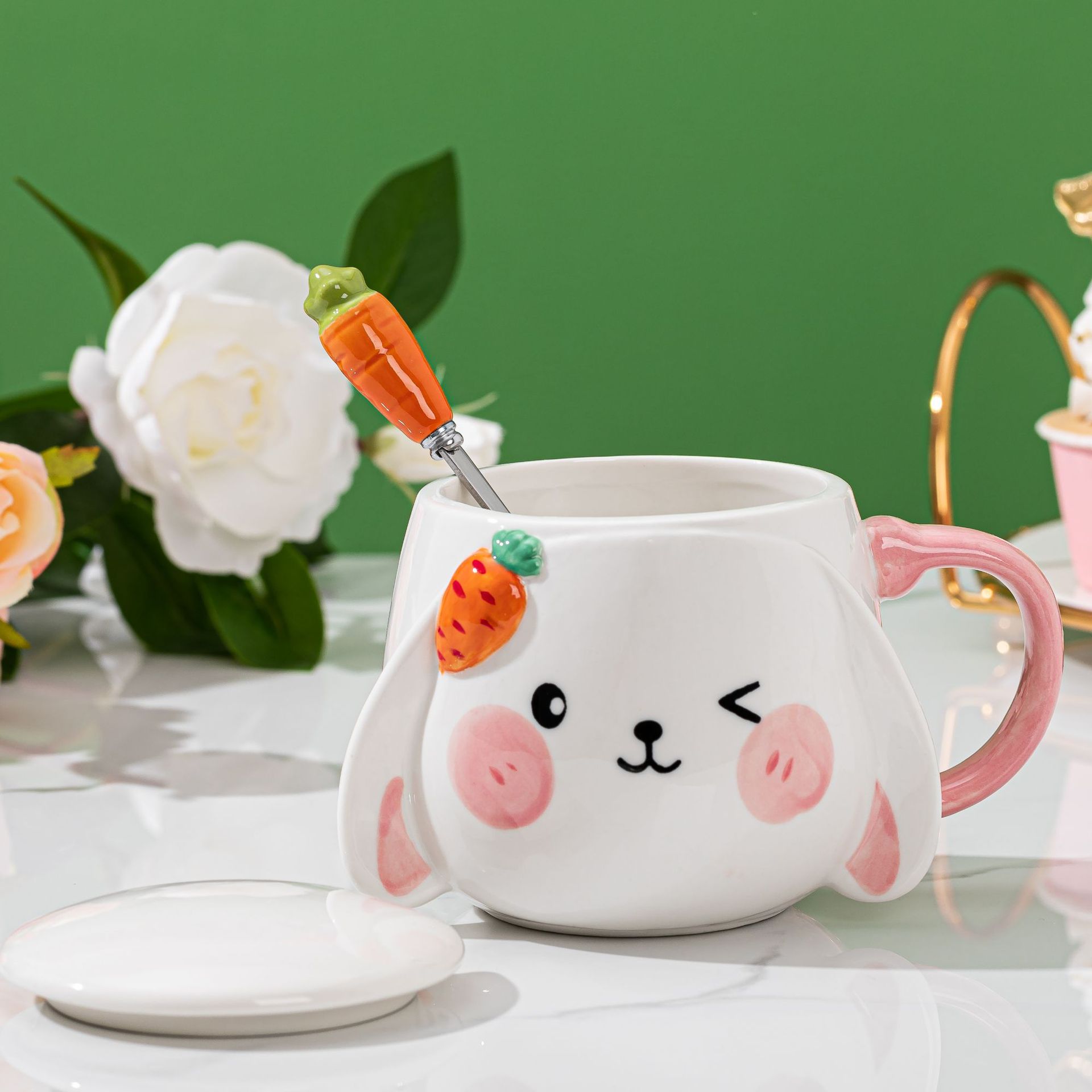 兔子马克杯带盖勺儿童牛奶早餐杯家用喝水陶瓷咖啡杯可爱水杯杯子