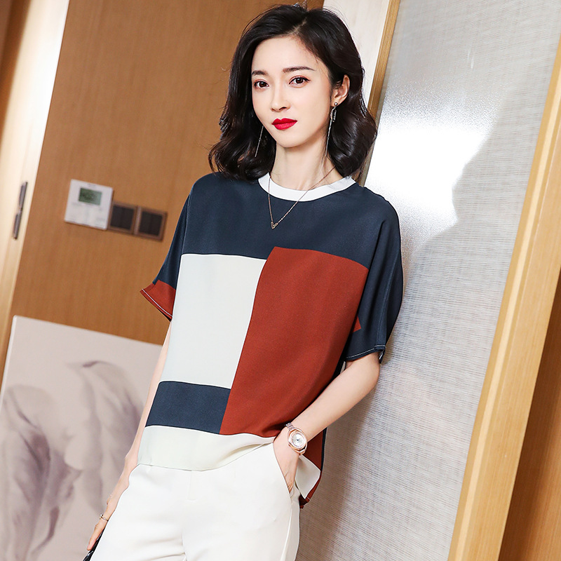 真丝上衣女短袖撞色印花蝙蝠小衫2021夏季新款气质半袖桑蚕丝t恤