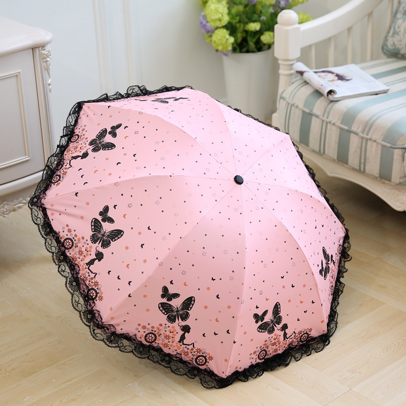 Lace Umbrella Lace Sun Protection Sunshade Small Fresh Butterfly Girl Sun Umbrella Foldable Dual-Purpose Vinyl Tri-Fold Sun Umbrella