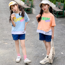 女童套装2023夏韩版童装女孩休闲运动假两件奥代尔T恤短袖牛仔裤