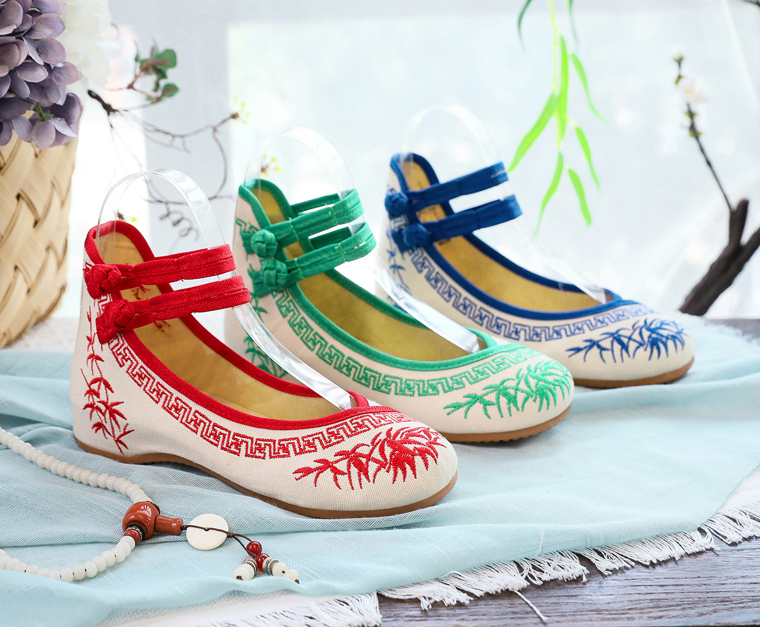【竹子】中国风青花瓷绣花布鞋春秋季女士单鞋休闲双盘扣复古浅口