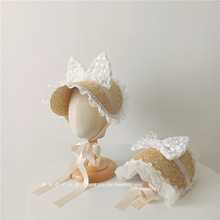 萝莉风麦秸秆一片式儿童造型帽女童甜美蕾丝蝴蝶结绸带拍照公主帽