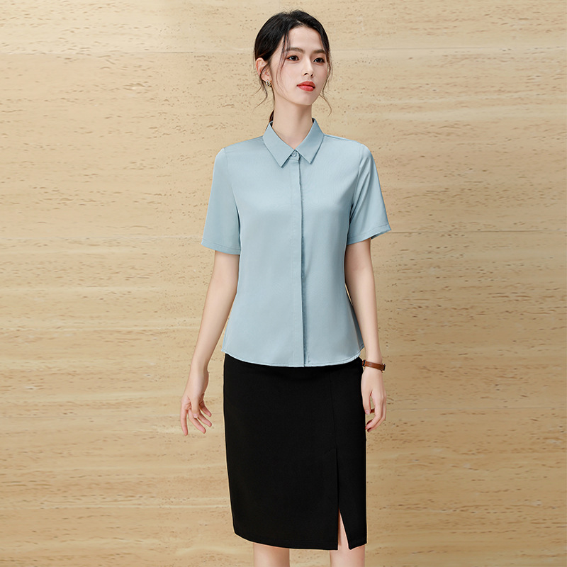 绿色短袖衬衫女夏季2024新款正装职业装套装工装修身白衬衣工作服