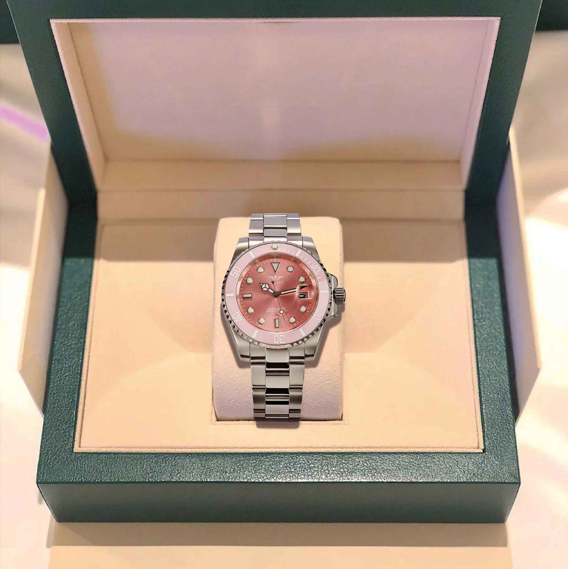 瑞士新款大表盘手表女款 简约气质女表高级感可爱 粉色女士机械表