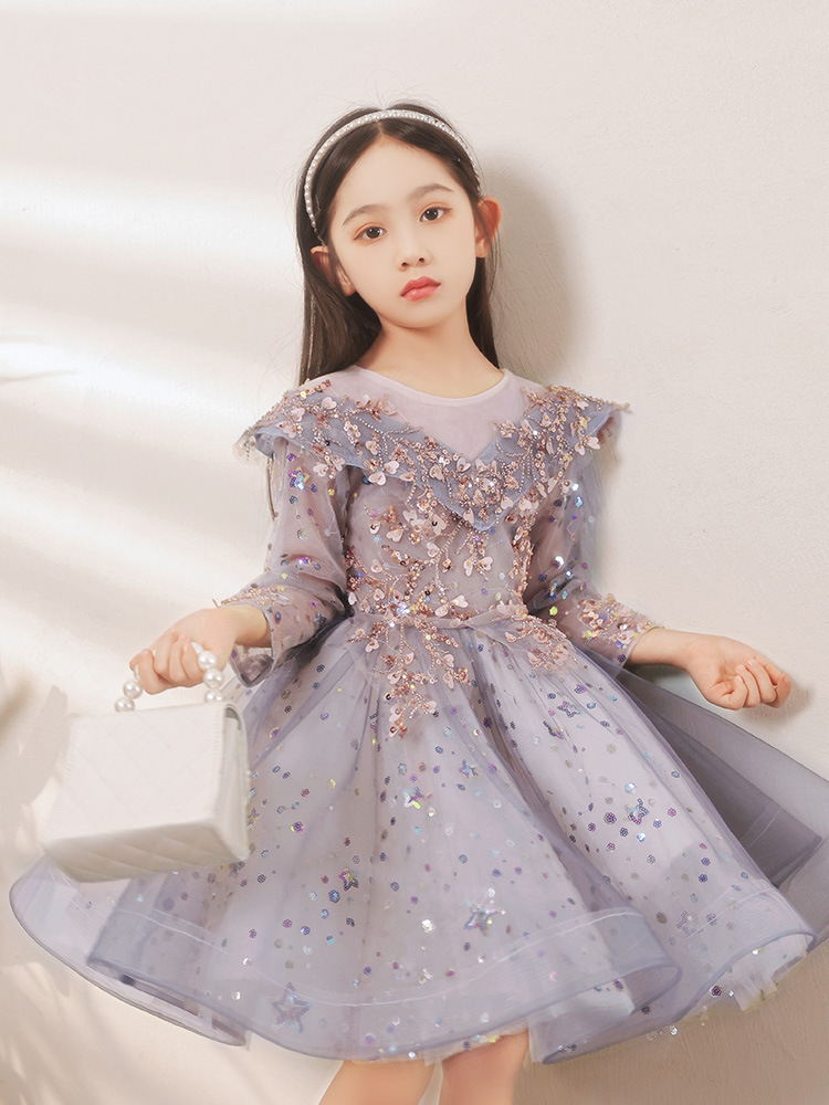 女童礼服公主裙灰蓝色泡泡袖花童婚纱儿童主持人钢琴演出服童装女