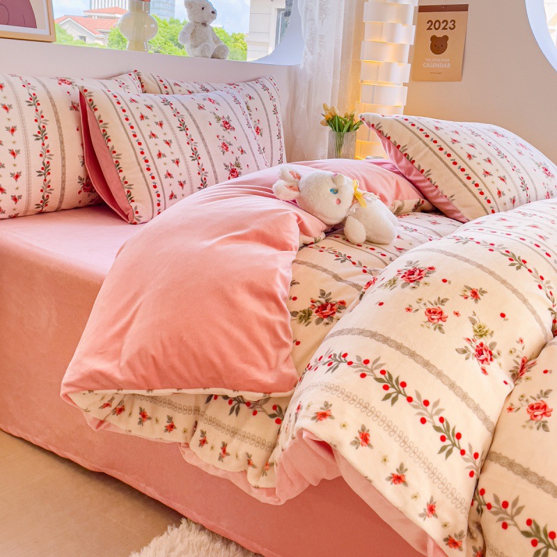 小清新印花牛奶绒四件套金貂绒秋冬被套床单家纺床上用品三件套批