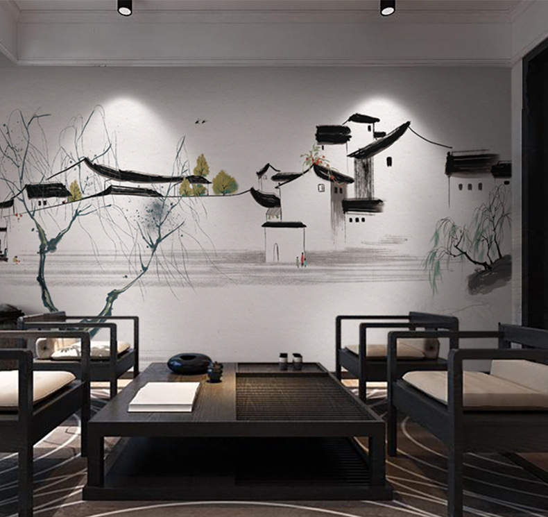 新中式徽派背景墙壁纸餐厅客厅装修墙纸壁画水墨江南小镇墙布复古