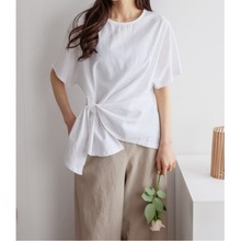 2024日韩不规则下摆绑带打结设计感棉麻短袖修身T恤女