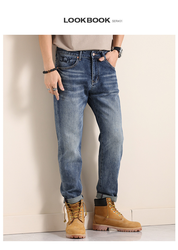 春夏季青年阿美咔叽牛仔裤日系潮牌棉弹牛仔裤男式欧美宽松小直筒