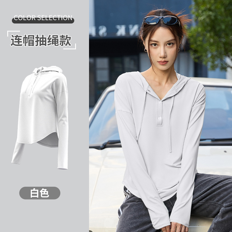 New Summer Outdoor Sun Protection Loose Drawstring Cycling Running Exercise Workout Quick-Drying Hooded Long Sleeve Yoga Wear