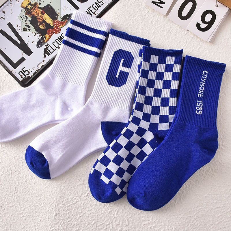 Korean Style Student Popular Spring and Autumn Ins Blue Letter C Tube Socks Chessboard Grid Long Socks Sports Green Free Shipping Socks