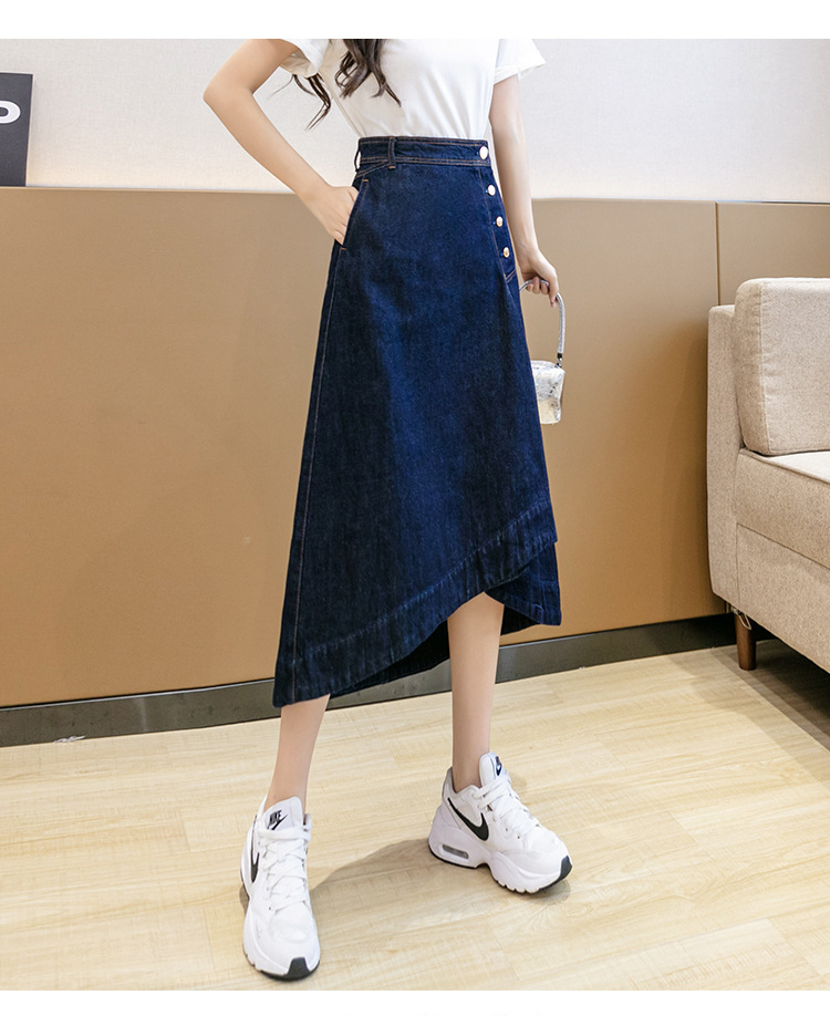 不规则牛仔裙中长款女韩版斜边单排多扣子a字半身裙百褶过膝时髦