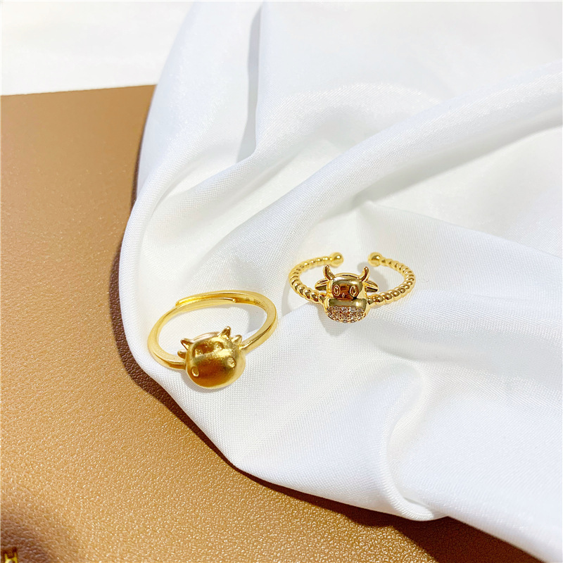 2021新年款小金牛戒指女沙金生肖牛本命年转运指环镶钻牛食指戒指