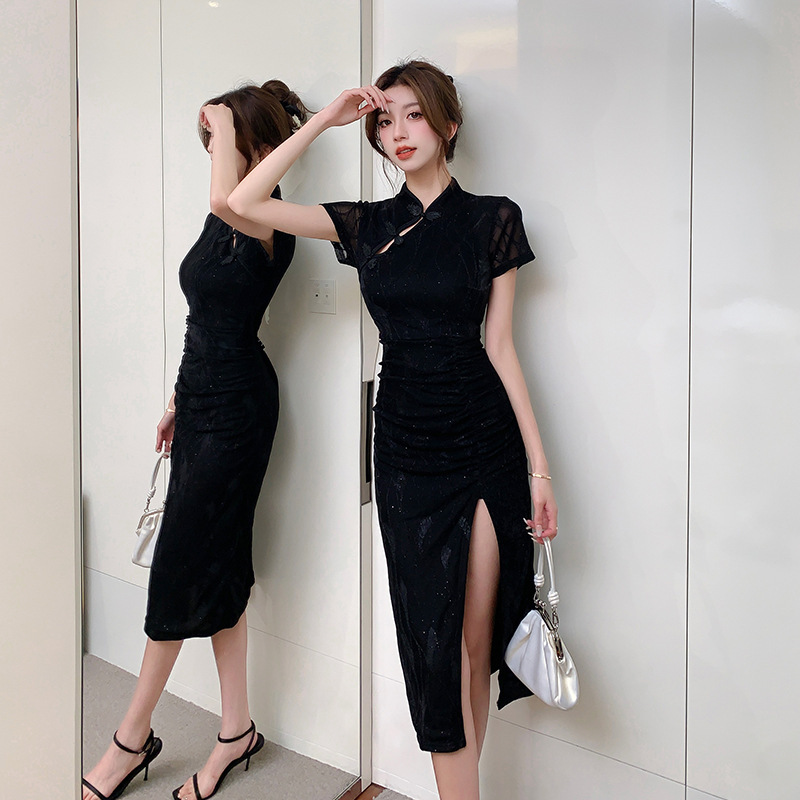法式复古包臀旗袍开叉改良版暗黑系中长款性感皱褶收腰连衣裙春夏