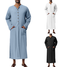 穆斯林中东阿拉伯马来西亚休闲纽扣纯色长袖口袋宽松长袍男装