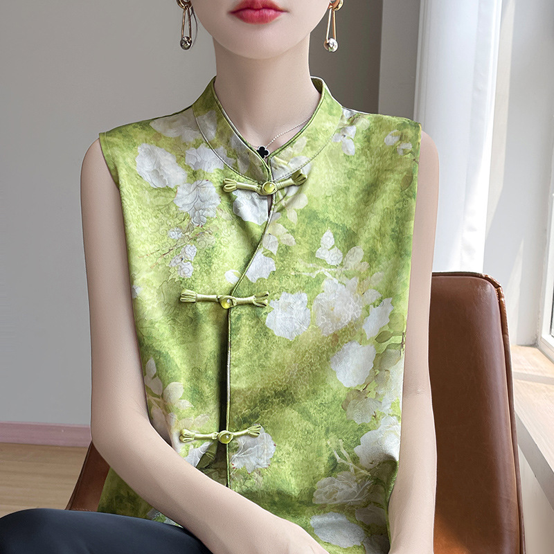 仿真丝国风新中式复古提花无袖马甲背心女2025夏季气质宽松上衣女