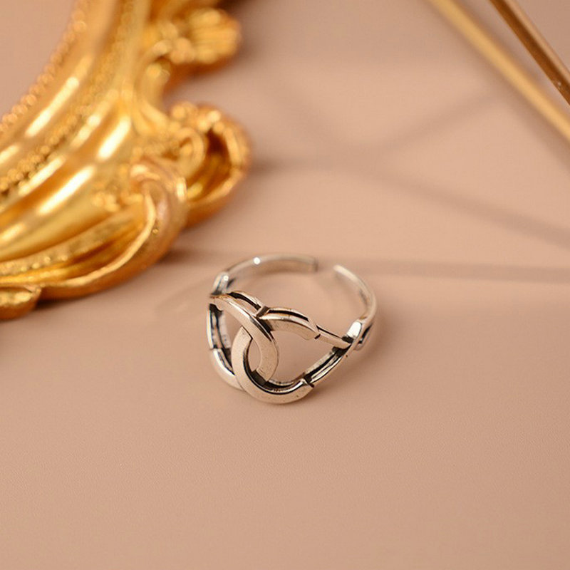 韩国东大门个性复古镂空环环相扣戒指男士情侣网红气质开口指环女