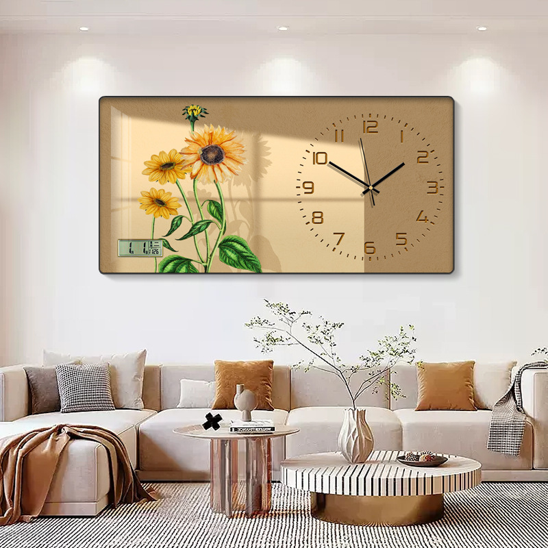 奶油风钟表现代简约花卉侘寂风装饰画挂钟极简背景墙画挂钟