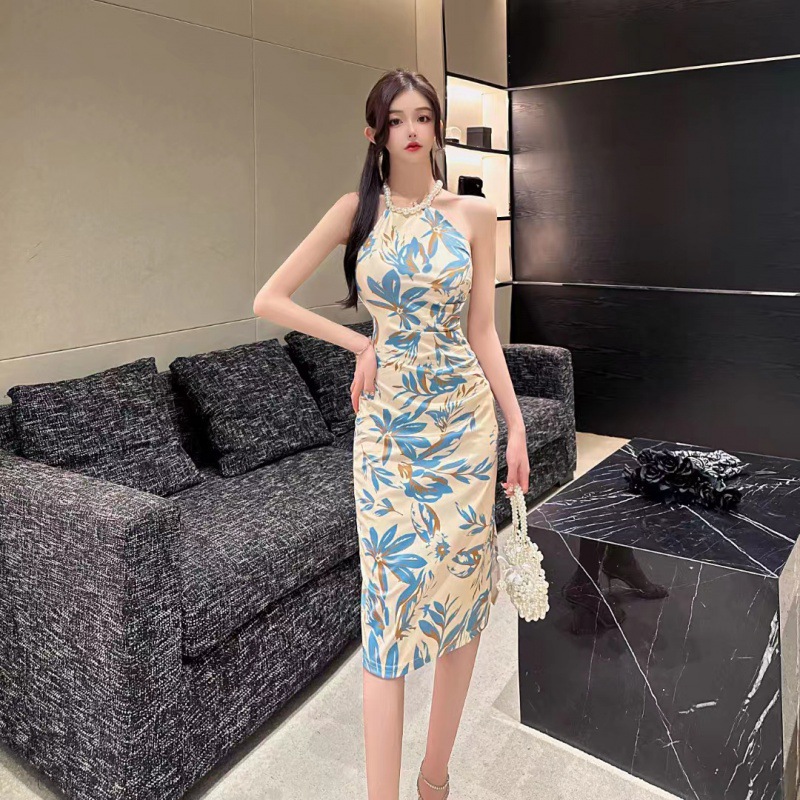 6066799夜店性感抹胸式低胸印花色a字裙聚会小礼服珍珠挂脖连衣裙