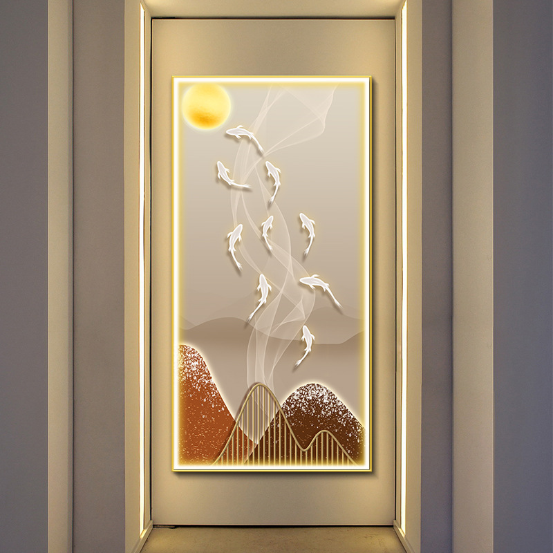 九鱼图入户玄关装饰画led灯画现代轻奢客厅挂画年年有鱼走廊过道