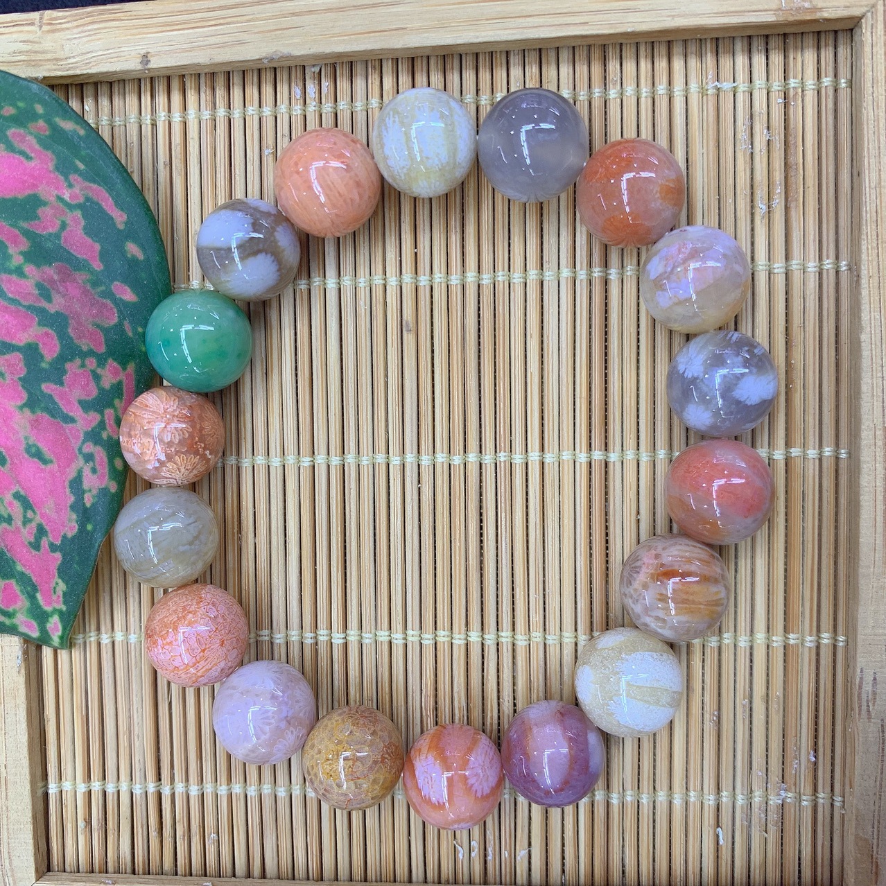 天然珊瑚玉手排新货纹路好美像一朵朵花开在上面一样