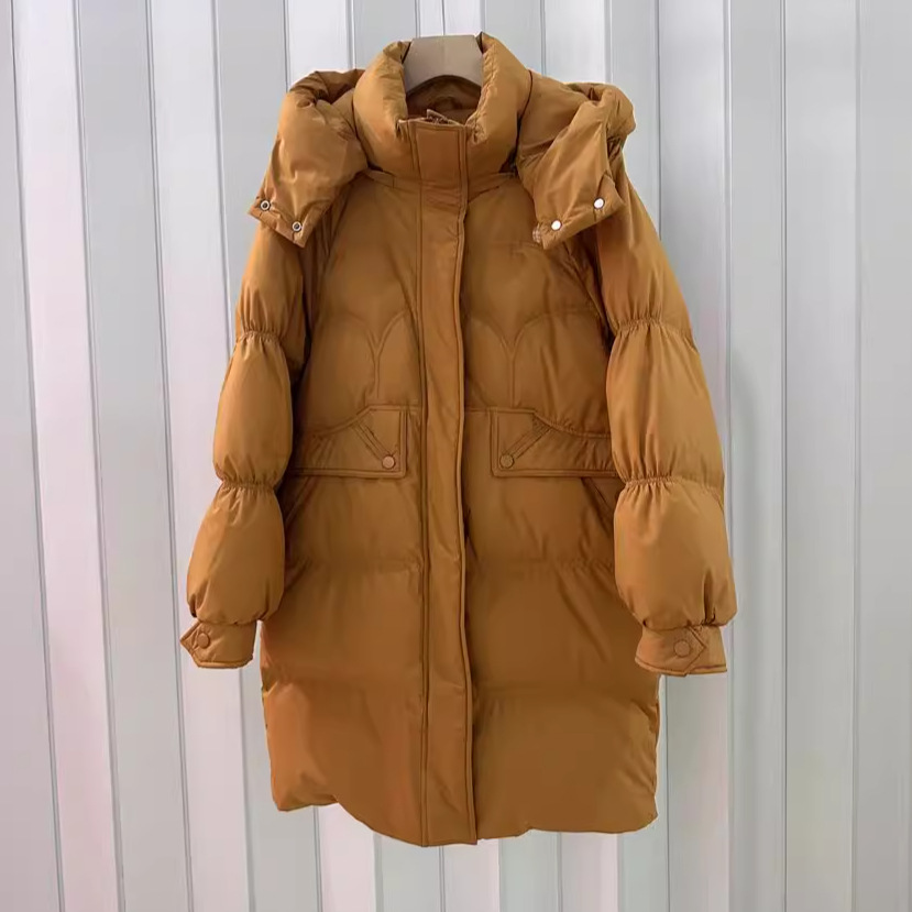 2024女装反季爆款中长款宽松加厚白鸭绒外套冬季韩版卡其色羽绒服