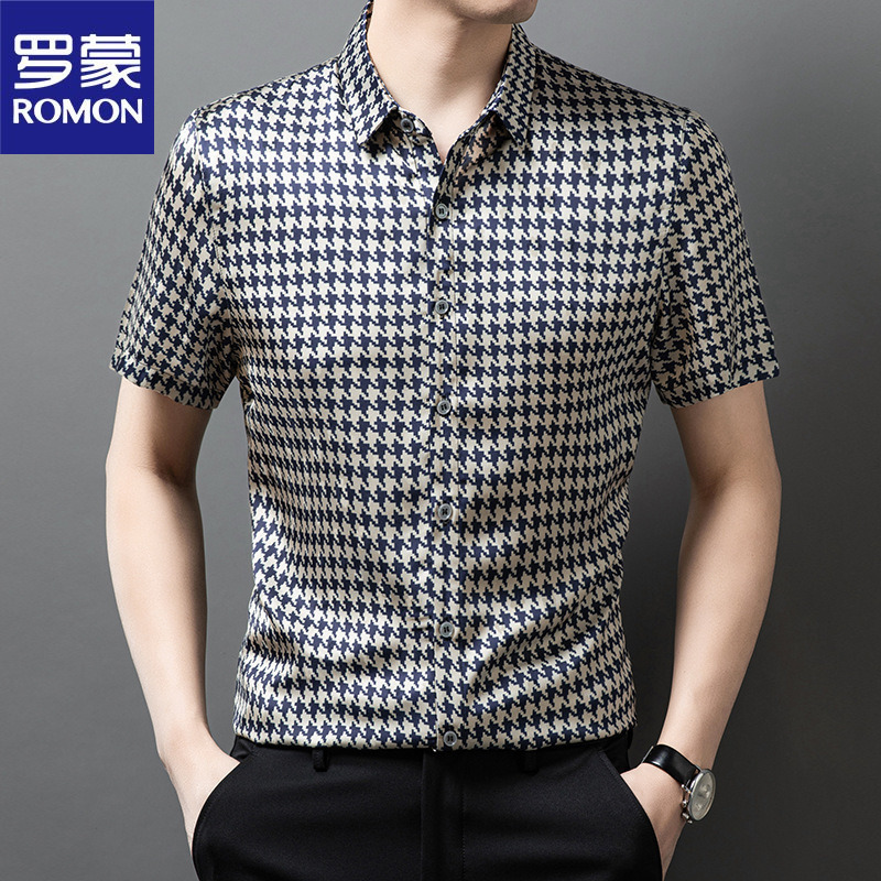罗蒙冰丝薄款男士短袖衬衫夏装中青年时尚休闲印花宽松潮流衬衣