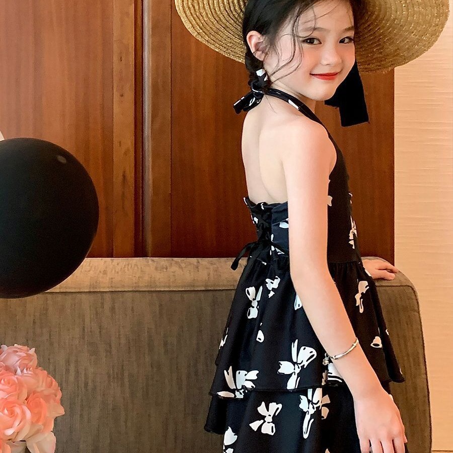 ins女童泳衣超仙连体泳装女孩露背夏季挂脖连衣裙新款洋气游泳衣