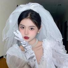 结婚头纱新娘主婚纱法式复古头饰蓬蓬纱多层领证拍照道具白色轻纱