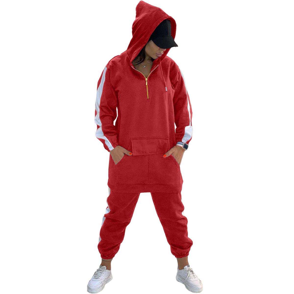 yx9299欧美女装 亚马逊独立站 性感时尚纯色拼接戴帽卫衣运动套装