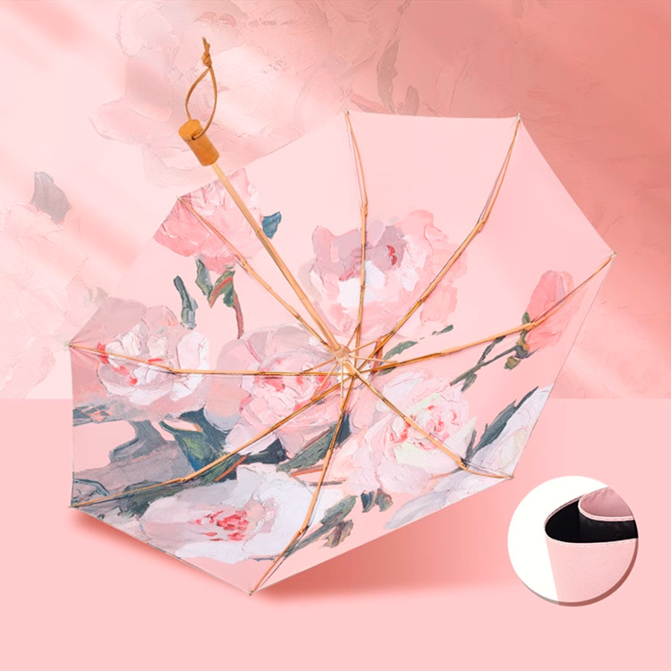 新双层黑胶双面印花粉芍药太阳伞女防紫外线防嗮晴雨两用伞遮阳伞