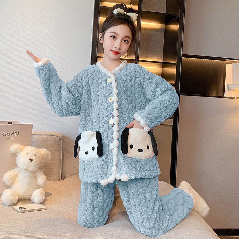 23 winter new zhongdatong parent-child class a cartoon dog cardigan homewear children flannel sweet pajamas