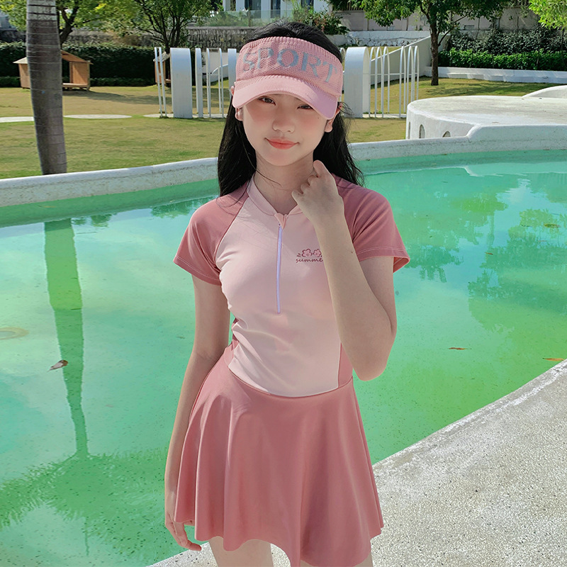 儿童泳衣女童大童连体运动裙式涤纶少女保守小清新韩版泡温泉泳衣