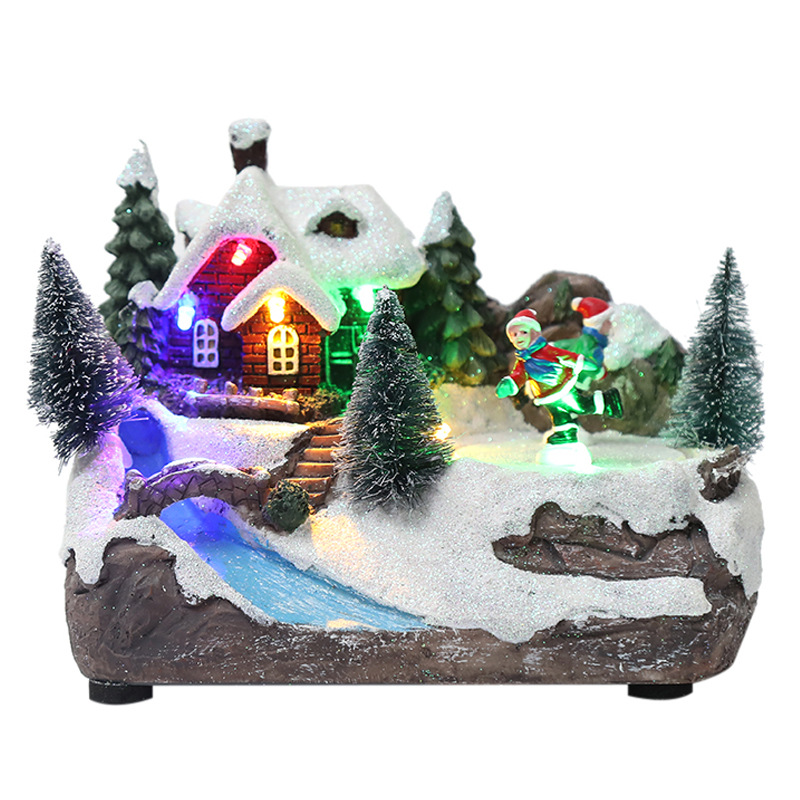 Christmas Luminous Small House Decoration European Creative Music Led Colored Lamp Resin Snow Christmas Decorations Cross-Border