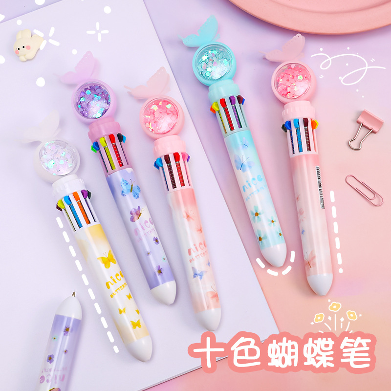 Cartoon Butterfly Ten-Color Ballpoint Pen Student Multi-Color Press Oil Pen Multi-Functional 10-Color Ball Pen Stationery Journal Pen