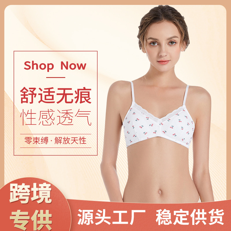 Cross-Border European and American Sexy Underwear Comfortable Thin Wireless Cherry Strawberry Bra Breathable Back Three Breasted Triangle Cup