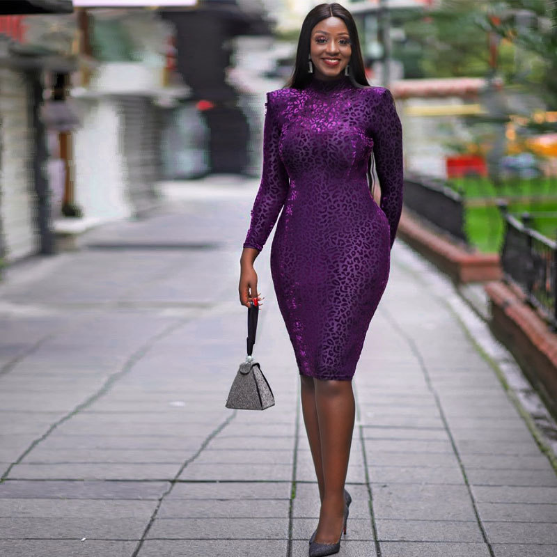 271欧美女装裙子修身2021新款秋冬气质连衣裙长袖紫色休闲衣服