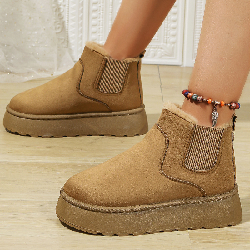 切尔西雪地靴女2024秋冬厚底橡筋一脚蹬圆头厚底保暖棉靴大码棉鞋