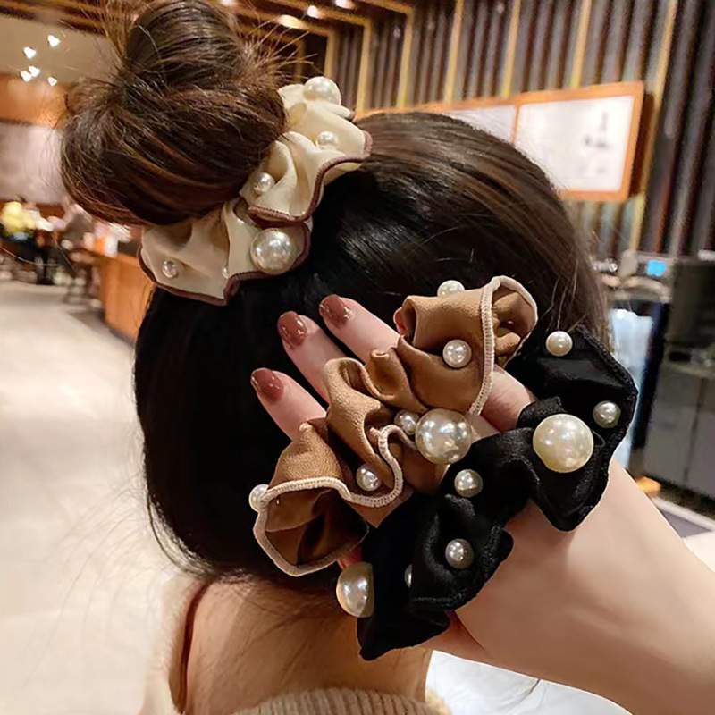 New Milk Coffee Color Pearl Large Intestine Hair Ring Korean Style Solid Color Satin Adult Temperament Intestine Ring High-Grade Hair Accessories for Women