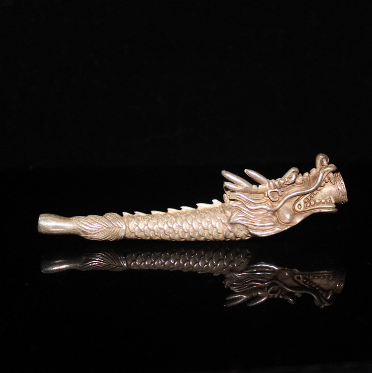 仿古白铜龙头烟嘴烟锅摆件批发收藏品老白铜鎏银烟锅烟袋批发