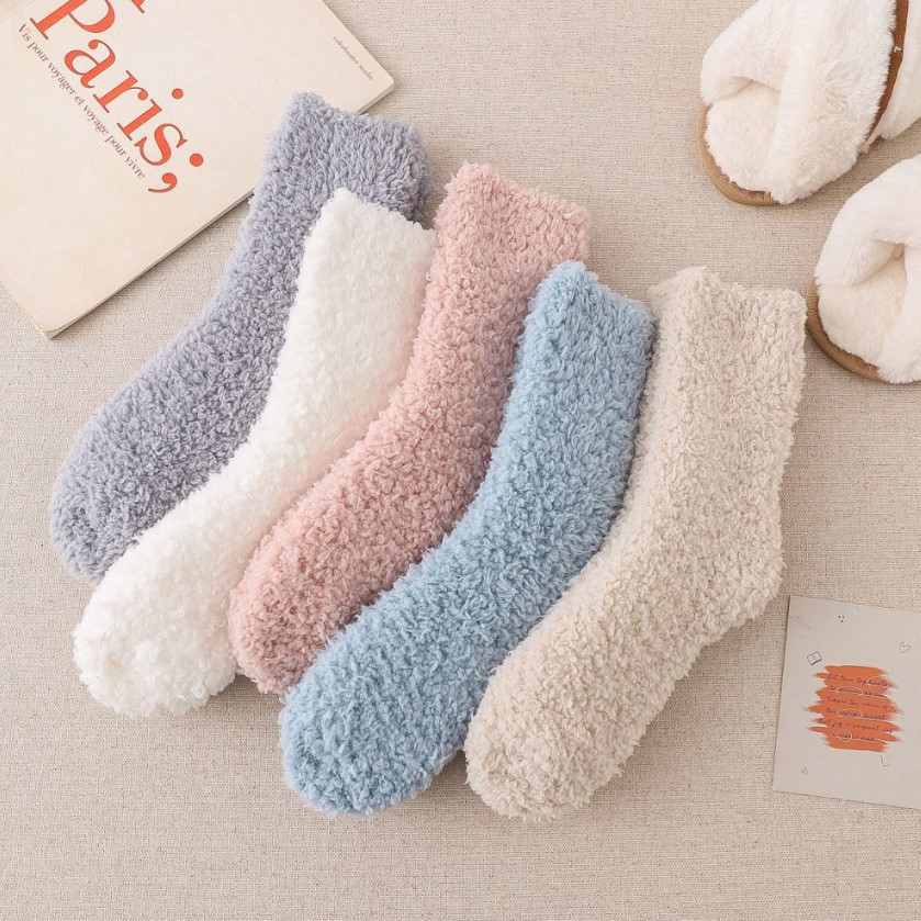 Winter Velvet Thickening Socks Children Fluffy Socks Solid Color Mid-Calf Length Socks Warm Sleeping Socks Room Socks Coral Fleece Socks