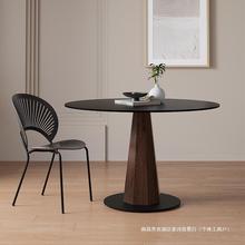 实木圆形岩板餐桌复古纯黑咖啡桌6人家用小户型黑胡桃色圆桌饭桌