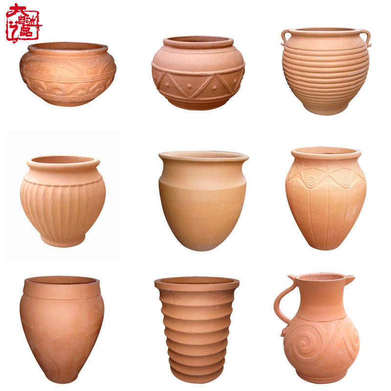 大号红陶花盆大口径高筒盆红泥陶瓷罐素烧园林景观粗陶土陶瓷罐