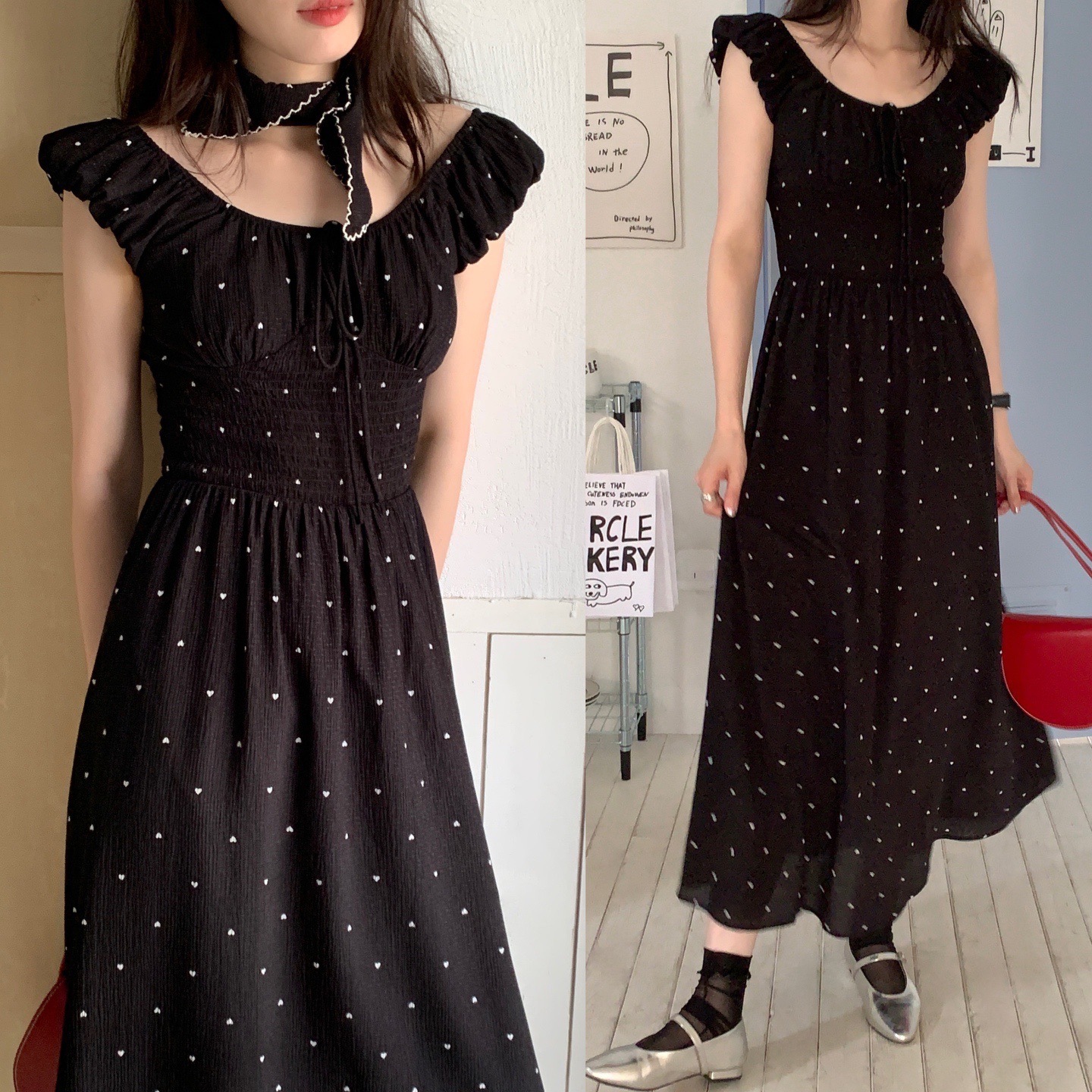 实拍2024夏季新款法式甜美爱心点点飞飞袖长裙收腰连衣裙配头巾