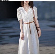 夏装2023新款韩系优雅仙女裙子女中长款气质白色蕾丝收腰连衣裙励